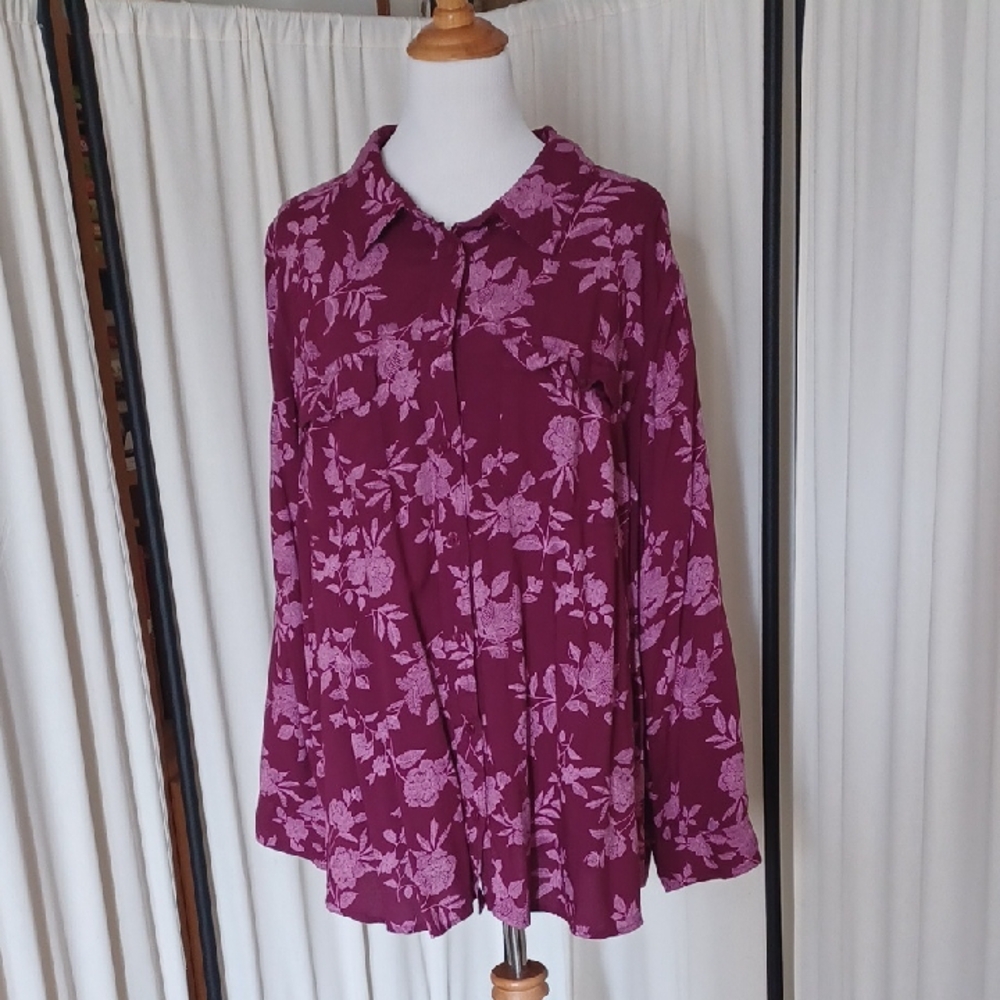 Woman Within Purple/Pink Floral Button Down Shirt - Plus-Size 2X (26-28)